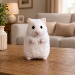 Könnte beinhalten: Eine kleine, flauschige weiße Hamsterfigur mit einer weichen, strukturierten Oberfläche. Der Hamster hat runde, schwarze Augen, eine winzige rosa Nase und kleine rosa Pfoten. Er steht aufrecht auf einer hellbraunen Holzoberfläche.