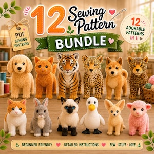 May include: A digital graphic for a 12 sewing pattern bundle featuring 12 plush animal figures including a dog, cat, tiger, leopard, rabbit, and duck. The text reads 12 Sewing Pattern BUNDLE, PDF SEWING PATTERNS, 12 ADORABLE PATTERNS IN 1, and BEGINNER FRIENDLY.