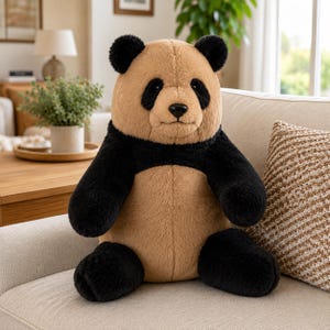 May include: A plush panda toy featuring a tan and black colour scheme. The panda has a tan head, chest, and belly, with black ears, eye patches, arms, and legs. It has a smooth black nose and a soft, fuzzy texture throughout its entire body.