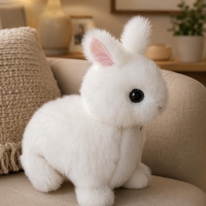 May include: A plush toy shaped like a small rabbit with soft white fur, large dark eyes, and light pink inner ears. The rabbit is depicted in a seated position with its front paws tucked inward, showcasing a dense, fluffy texture throughout.