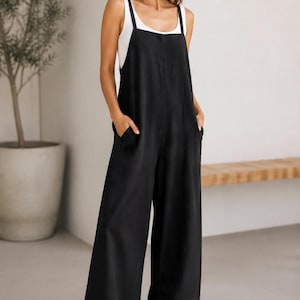 Latzhose aus Baumwoll-Leinen-Mischgewebe mit weitem Bein, Boho-Jumpsuit, Olivbeige/Schwarz