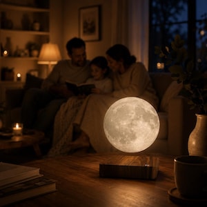 May include: A spherical moon lamp with a textured, cratered surface that glows with a warm light. The lamp levitates above a square, dark wood-grain base, creating a floating effect. The moon lamp emits a soft, ambient illumination.