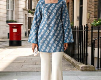 Ajrakh Floral Tunic Top, Pure Cotton Blue White Hand Block Print, Bohemian Summer Outfit  Gift for Her, ksyle outfit