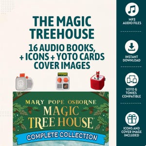 Puede incluir: Una colección digital de The Magic Treehouse con 16 audiolibros, iconos e imágenes de portada para tarjetas Yoto. El gráfico incluye tres pequeños reproductores de audio y texto sobre archivos MP3, descarga instantánea y compatibilidad.