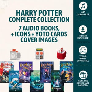 Puede incluir: Colección completa de Harry Potter con 7 audiolibros, iconos e imágenes de portada para tarjetas Yoto. Incluye archivos de audio MP3, descarga instantánea y compatibilidad con Yoto y Tonies. Muestra tres reproductores y siete portadas.
