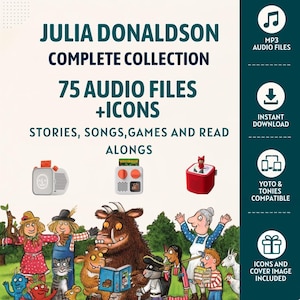 May include: A digital collection featuring Julia Donaldson stories, songs, and games with 75 audio files and icons. The graphic includes illustrations of characters like the Gruffalo, three small audio players, and text detailing MP3 compatibility.