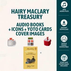 Peut inclure: Ensemble de livres audio numériques Hairy Maclary Treasury avec fichiers MP3, cartes Yoto et images de couverture. Comprend une couverture de livre jaune avec une illustration de chien noir, un lecteur audio blanc, gris et rouge.