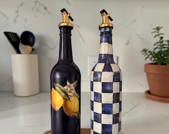Lemon Breeze & Blue Rhythm – Handmade Glass Oil Bottle Set 750ml, Decorative Olive Oil Dispenser, Unique Kitchen Art Gift