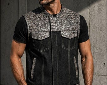 Men's Leather Motorcycle Vest for Distance Riders – Grey Croc