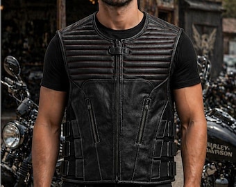 Men's Leather Motorcycle Vest for Independent Riders