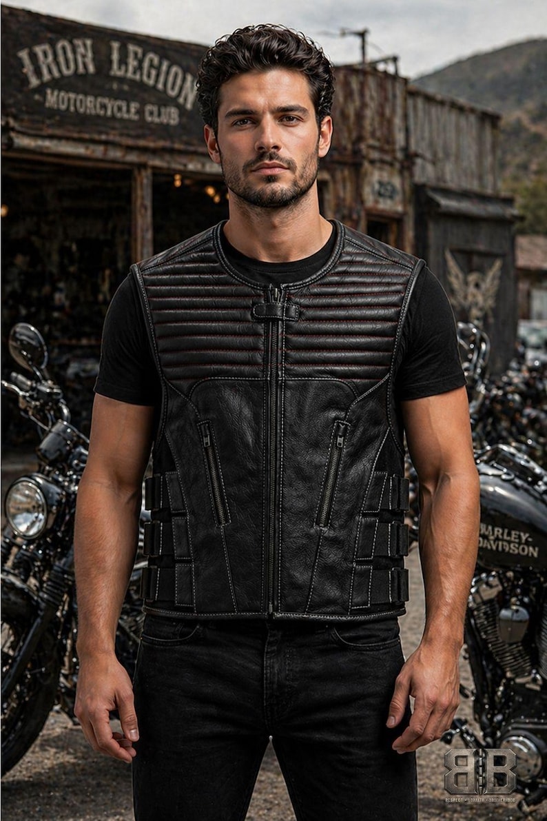 Male rider wearing a black leather motorcycle vest with horizontal padded chest panels, zip pockets and adjustable side straps.