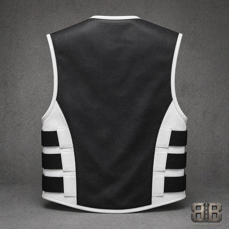 Back view of a white and black leather motorcycle vest with a large black perforated back panel and three adjustable side straps.