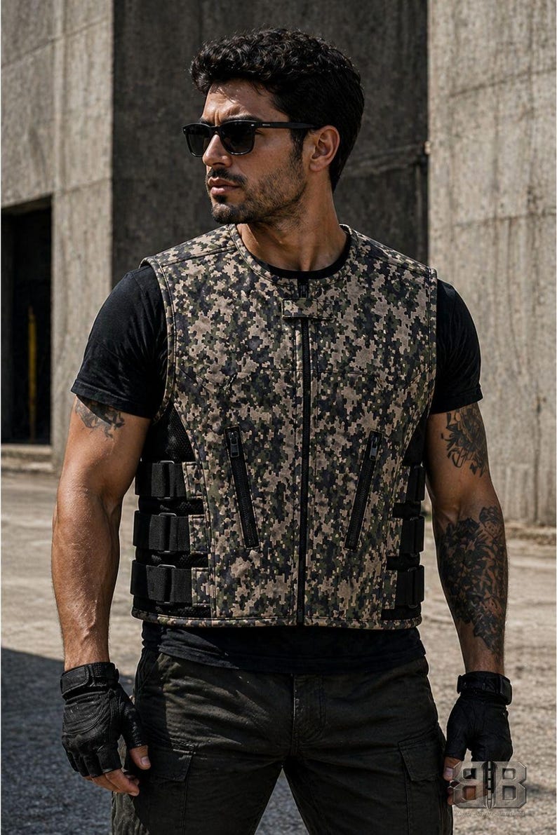 Male rider wearing a digital camouflage motorcycle vest with zip pockets and adjustable black side straps.