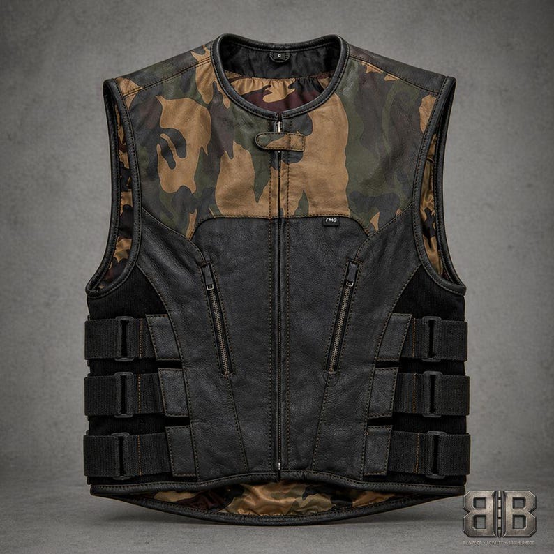 Front view of a black and camouflage motorcycle vest with two zip pockets, center zipper and three adjustable side straps.