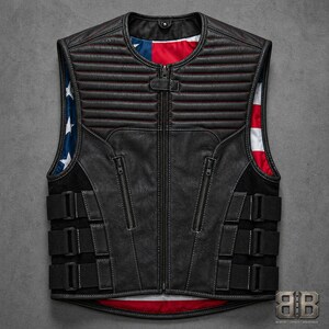 Front view of a black leather motorcycle vest with horizontal padded chest panels, center zipper, two zip pockets and three adjustable side straps.