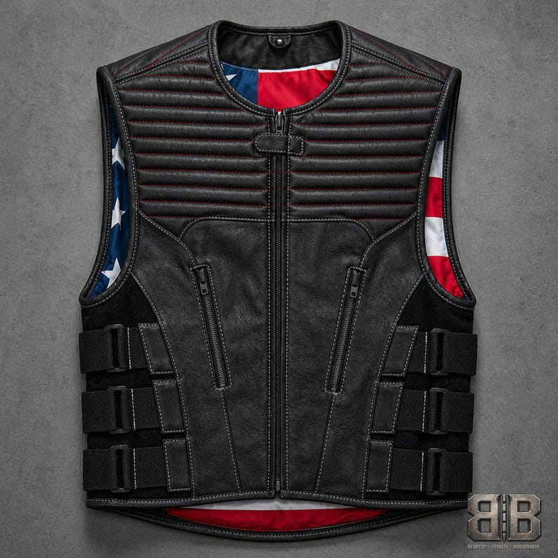 Front view of a black leather motorcycle vest with horizontal padded chest panels, center zipper, two zip pockets and three adjustable side straps.