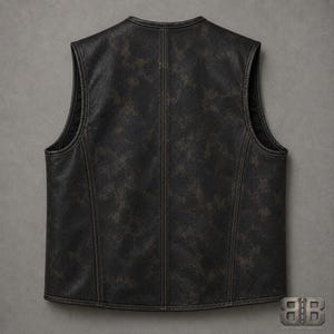 Back view of a distressed dark camo motorcycle vest with a center seam and curved side panel stitching.