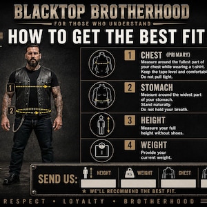 May include: A sizing guide infographic titled BLACKTOP BROTHERHOOD HOW TO GET THE BEST FIT. It features a person wearing a black vest, t-shirt, and jeans, with numbered diagrams illustrating how to measure chest, stomach, height, and weight for fit.