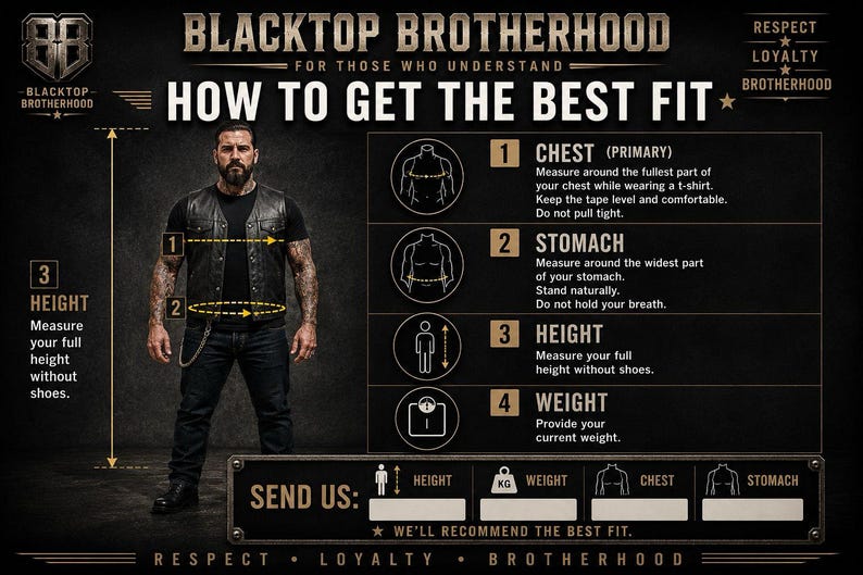 May include: A sizing guide infographic titled BLACKTOP BROTHERHOOD HOW TO GET THE BEST FIT. It features a person wearing a black vest, t-shirt, and jeans, with numbered diagrams illustrating how to measure chest, stomach, height, and weight for fit.