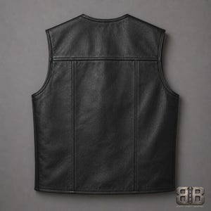 Back view of a classic black leather club style vest with a clean panelled design and smooth finished edges.
