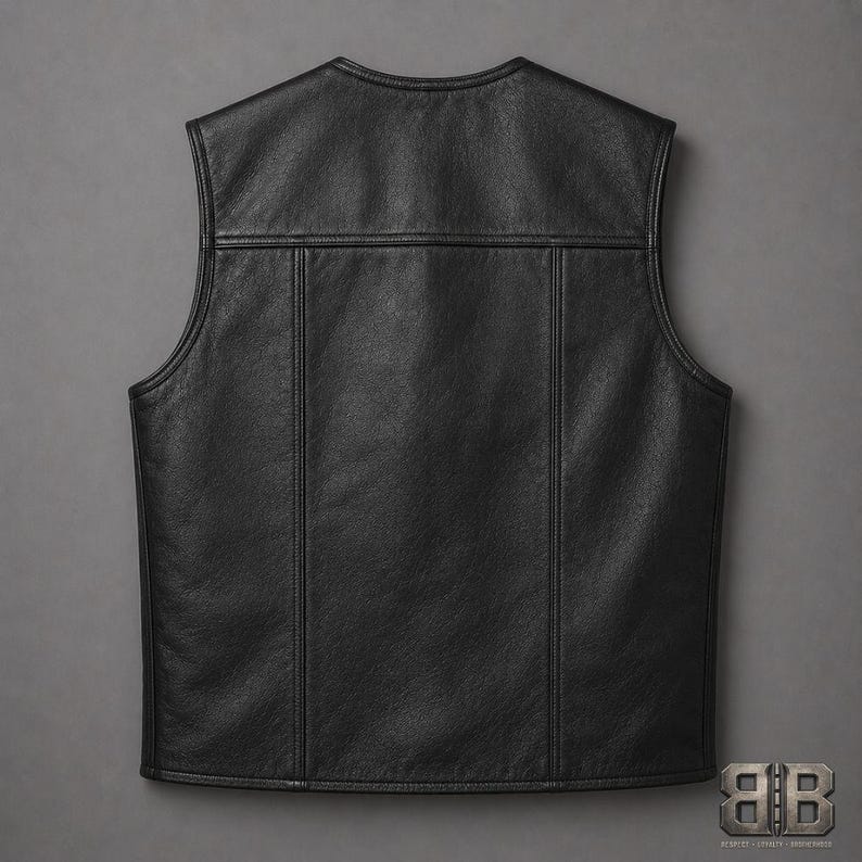 Back view of a classic black leather club style vest with a clean panelled design and smooth finished edges.