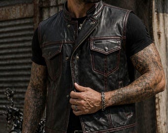 Biker Vest for Ride Marshals – Black Red Stitch