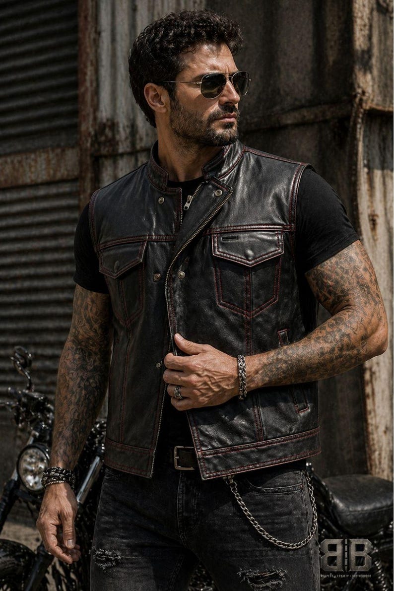 Male rider wearing a black leather biker vest with red contrast stitching, snap front closure, chest flap pockets and side hand pockets.