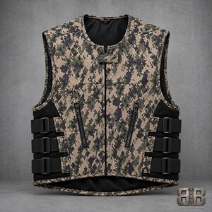 Front view of a digital camouflage motorcycle vest with center zipper, two zip pockets and three adjustable black side straps.