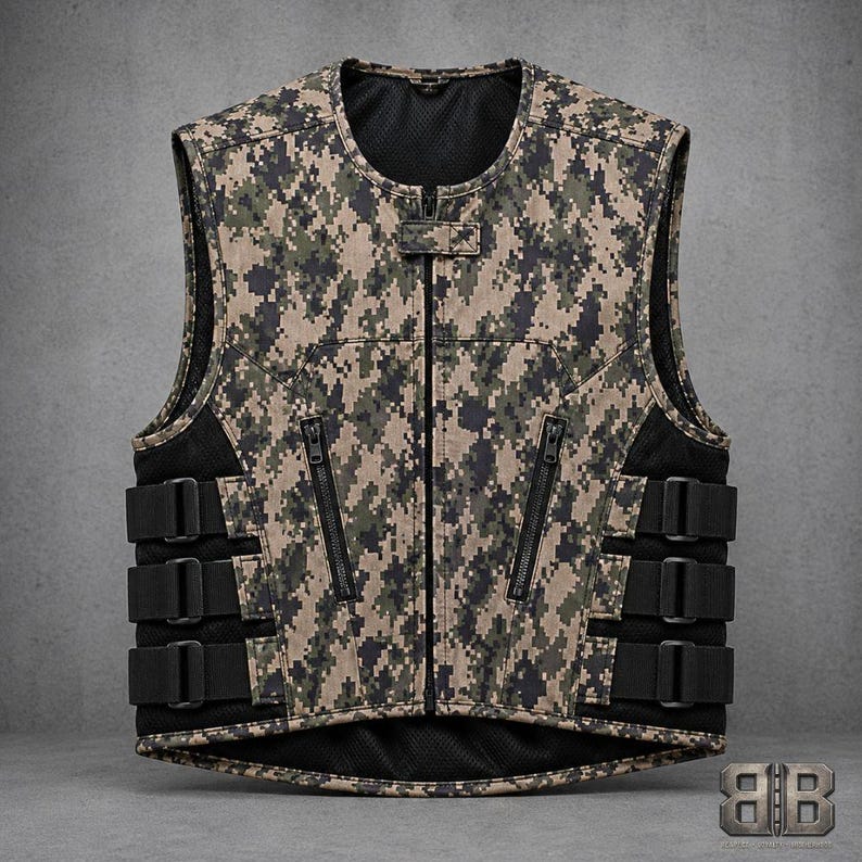 Front view of a digital camouflage motorcycle vest with center zipper, two zip pockets and three adjustable black side straps.