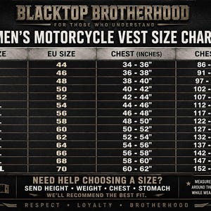 May include: A black and white motorcycle vest size chart titled Blacktop Brotherhood. The table lists US sizes from XS to 10XL, corresponding EU sizes, and chest measurements in inches and centimetres. Includes instructions for sizing assistance.