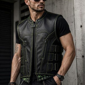 Male rider wearing a black tactical biker vest with green contrast stitching, zippered front pockets and adjustable side straps.