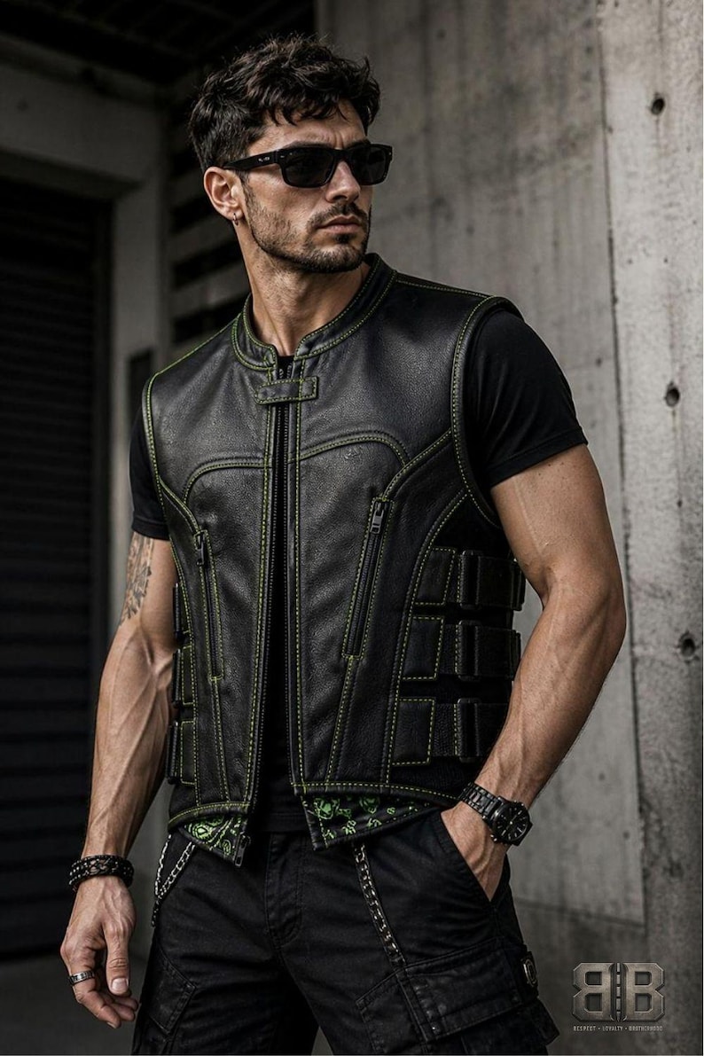 Male rider wearing a black tactical biker vest with green contrast stitching, zippered front pockets and adjustable side straps.