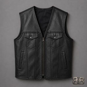 Front view of a classic black leather club style vest with zip closure, snap flap chest pockets and two lower welt pockets.