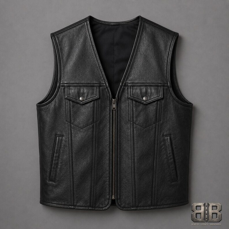 Front view of a classic black leather club style vest with zip closure, snap flap chest pockets and two lower welt pockets.