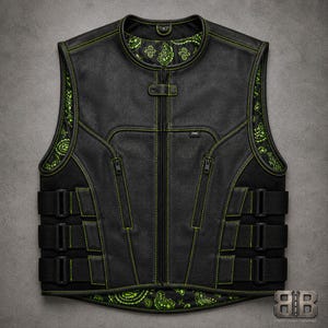 Front view of a black tactical biker vest with green contrast stitching, zippered pockets, three adjustable side straps and green paisley lining.