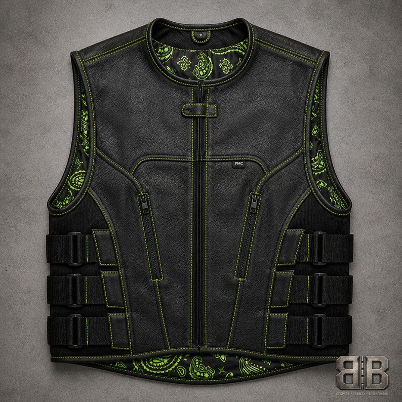 Front view of a black tactical biker vest with green contrast stitching, zippered pockets, three adjustable side straps and green paisley lining.