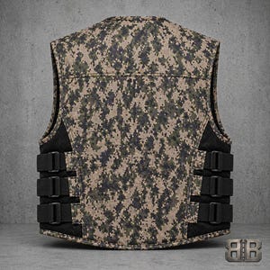 Back view of a digital camouflage motorcycle vest with black side panels and three adjustable straps on each side.