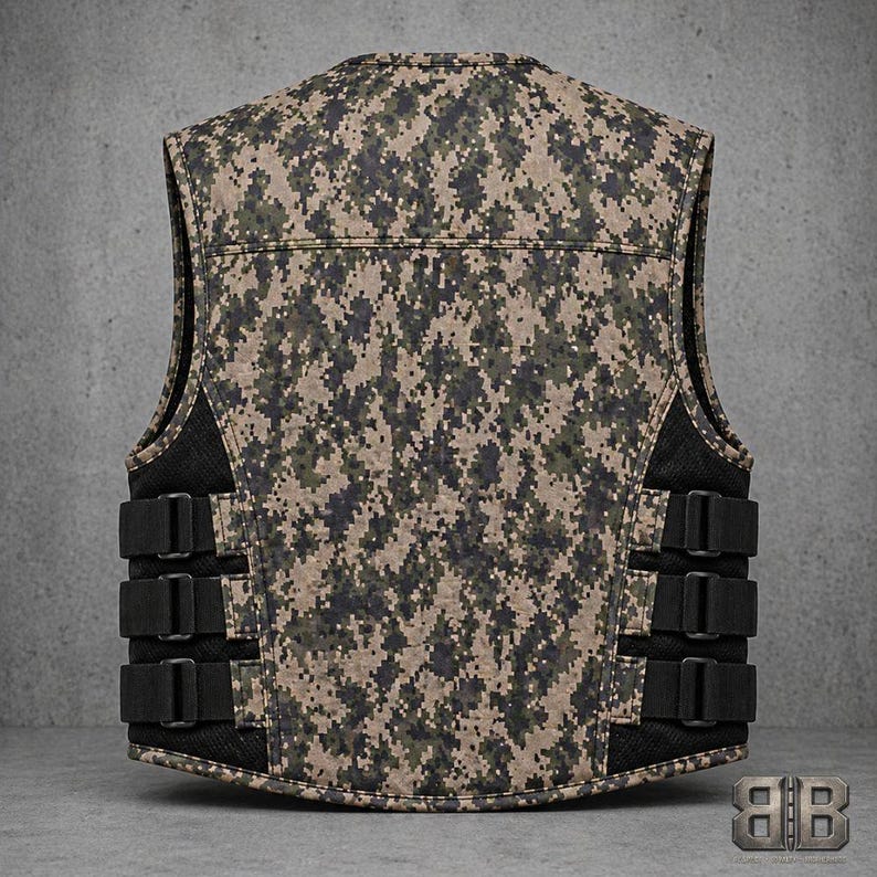 Back view of a digital camouflage motorcycle vest with black side panels and three adjustable straps on each side.