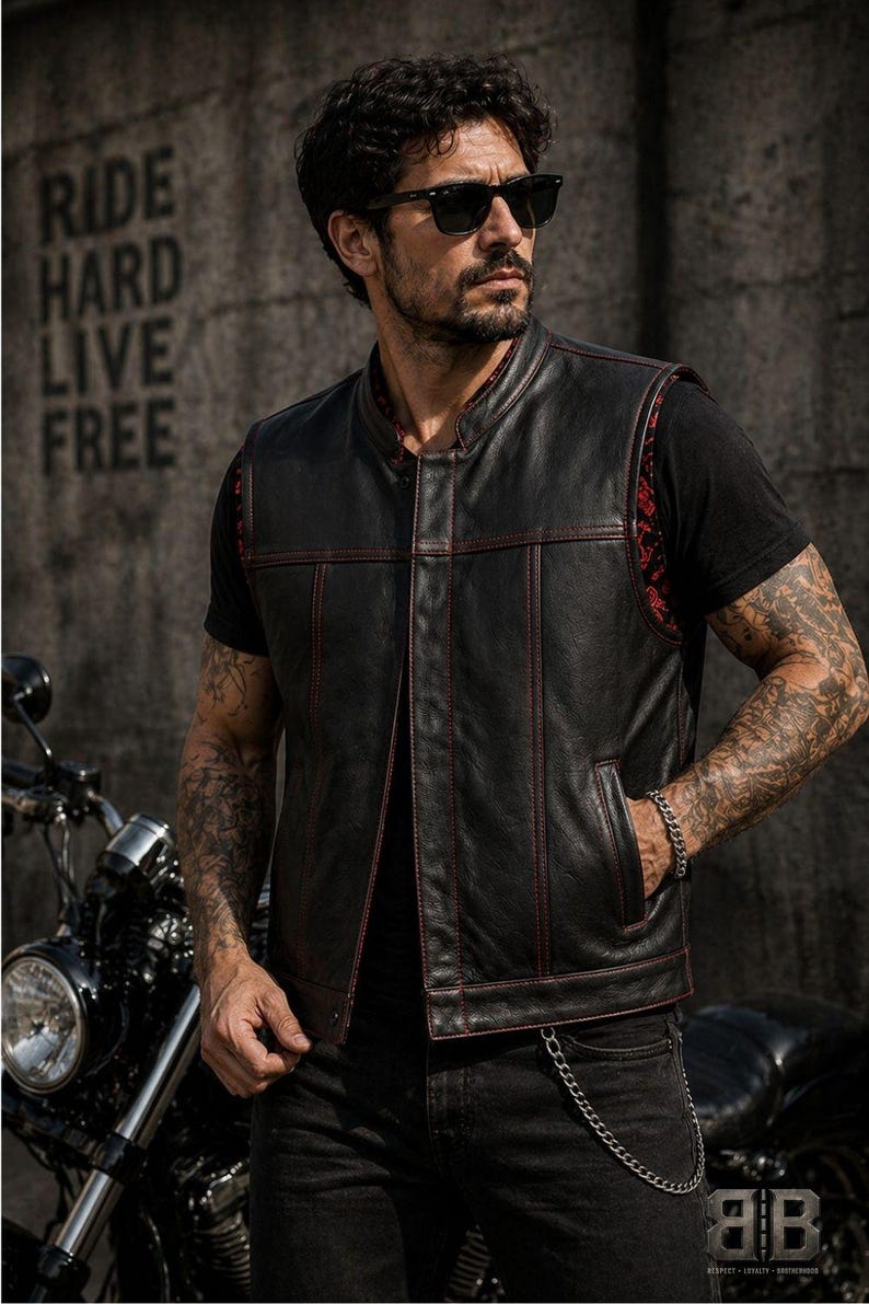 Male rider wearing a black biker vest with red contrast stitching and a red patterned inner lining beside a motorcycle.