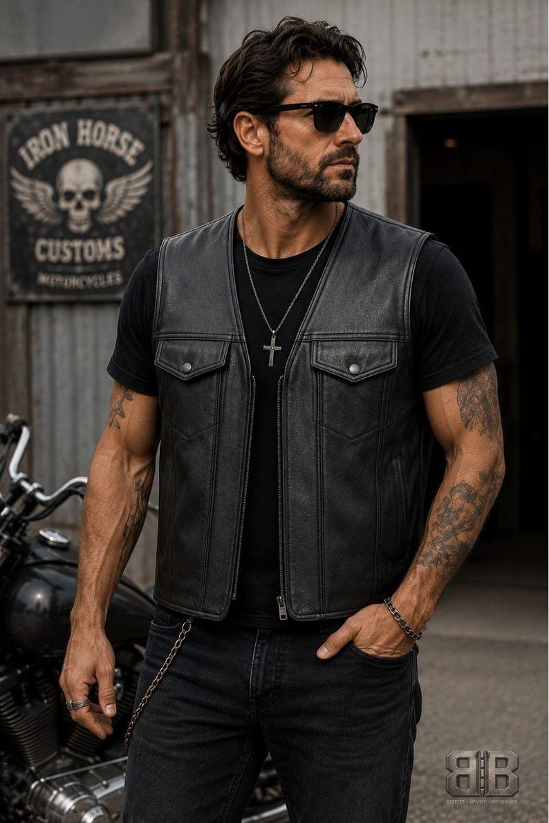 Male rider wearing a classic black leather club style vest with V-neck front, zip closure and flap chest pockets.