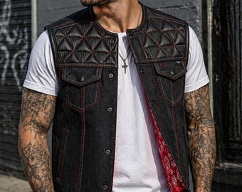 Quilted Motorcycle Vest Mens Leather for Road Captains – Quilted Red Stitch
