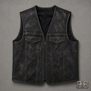 Front view of a distressed dark camo motorcycle vest with a V-neck, center zipper and two flap chest pockets.