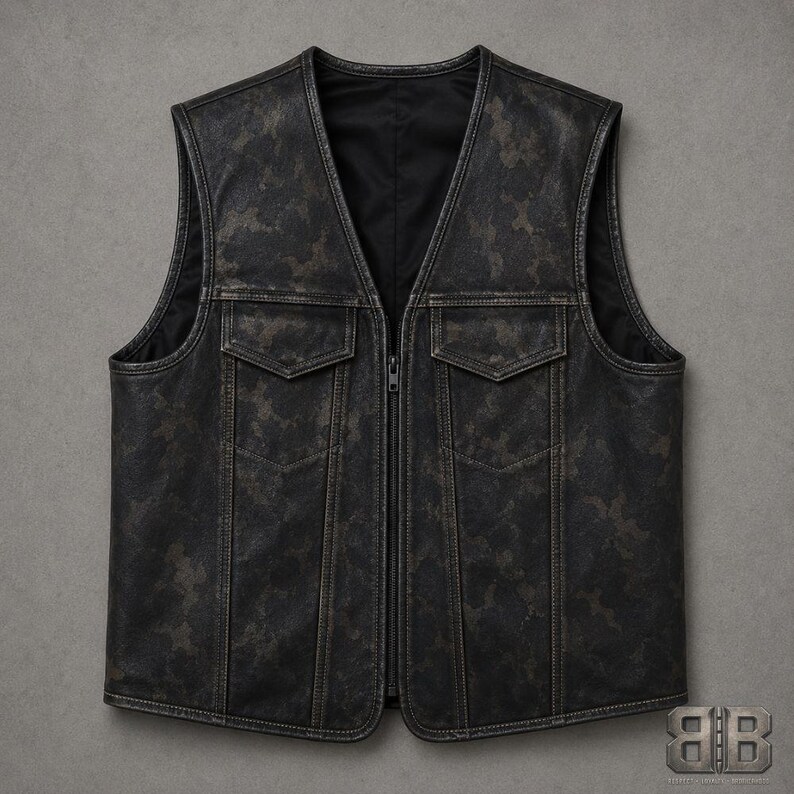 Front view of a distressed dark camo motorcycle vest with a V-neck, center zipper and two flap chest pockets.