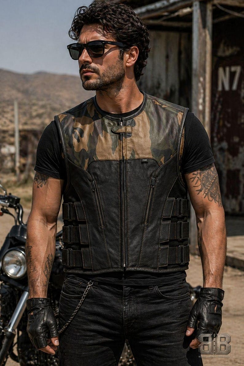 Male rider wearing a black and camouflage motorcycle vest with zip pockets and adjustable side straps beside a motorcycle.