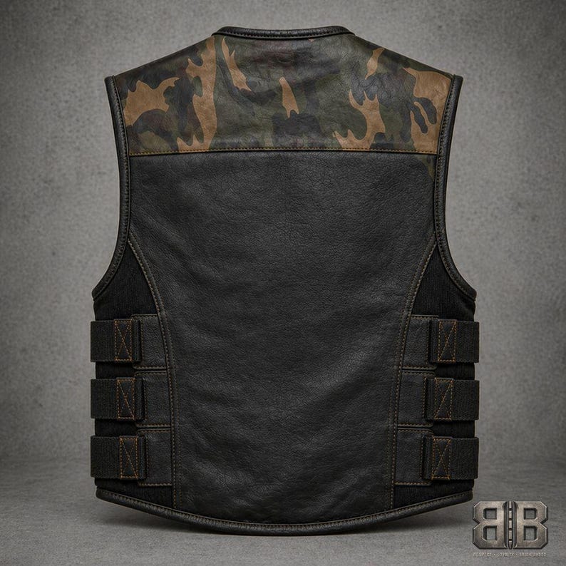 Back view of a black motorcycle vest with a camouflage shoulder panel and three adjustable side straps.