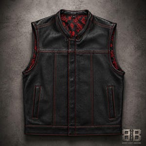 Front view of a black biker vest with red contrast stitching, two vertical pockets and a red patterned inner lining.
