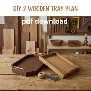 Puede incluir: Un plan digital DIY 2 WOODEN TRAY PLAN pdf download que muestra dos bandejas de madera sobre una mesa rústica. Una bandeja es hexagonal con asas doradas y la otra es rectangular con asas de metal oscuro, junto a un manojo de lavanda seca.