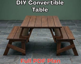 DIY Convertible Picnic Table and Bench Plan PDF | Woodworking Plans Outdoor Patio Furniture | Garden Rustic Folding Table
