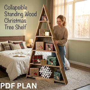 May include: A triangular, collapsible standing wood Christmas tree shelf with five horizontal tiers. The shelf is filled with various wrapped gift boxes and a white wooden snowflake ornament. Text on the image reads Collapsible Standing Wood Christmas Tree Shelf and PDF PLAN.