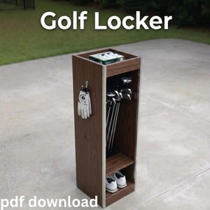 May include: A dark wood-grain golf locker featuring a top shelf holding a box of golf balls, a side hook displaying a white golf glove, a main compartment for golf clubs, and a bottom shelf containing a pair of white golf shoes. Text reads Golf Locker.